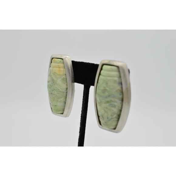 Vintage Earrings Brushed Silver Faux Green Stone Cabochon Statement 1980s 9G - Picture 4 of 12